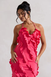 Hot Pink V-Neck Ruffle Maxi Dress